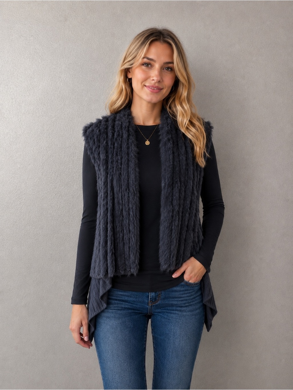 NK Dark Grey  Rabbit Fur Vest